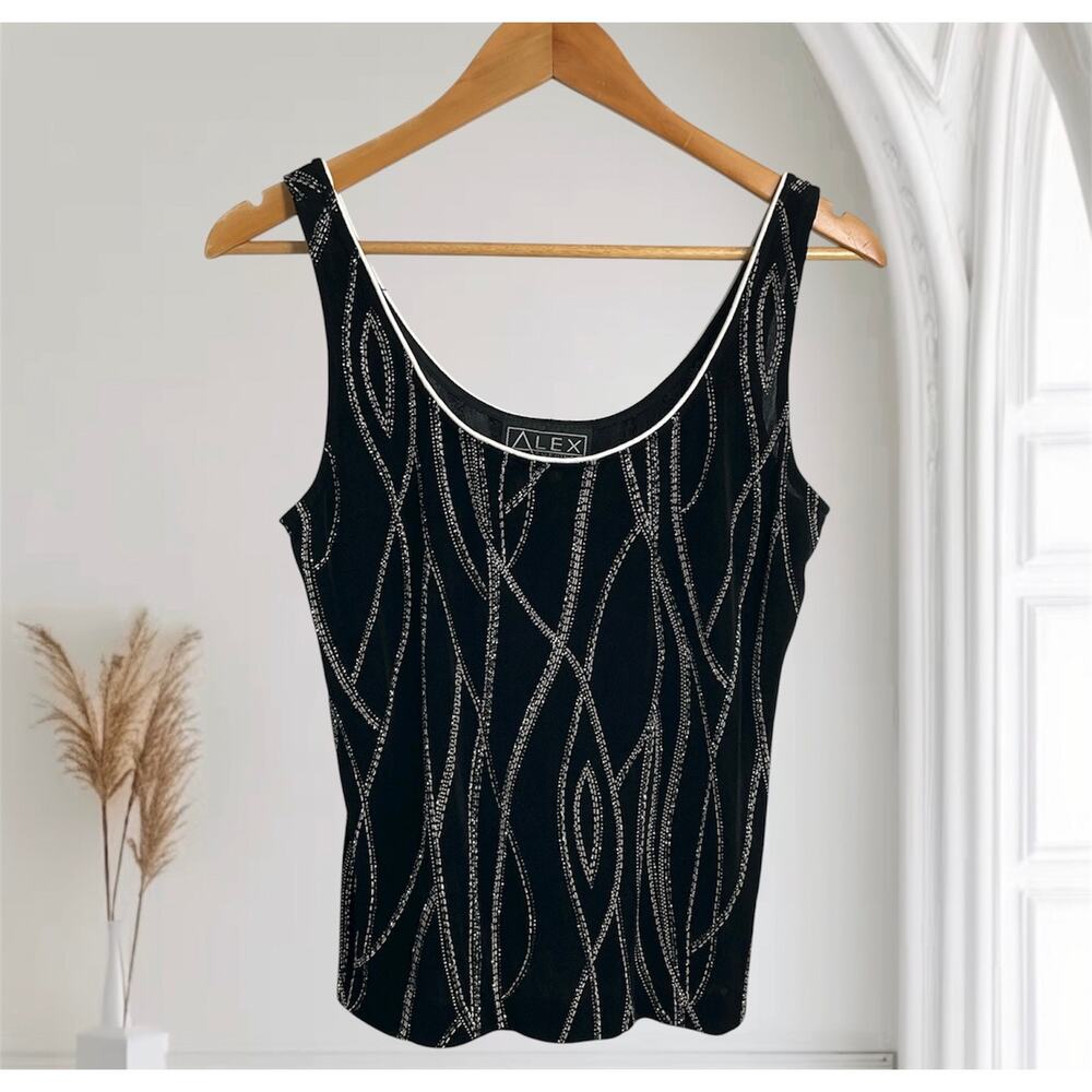 ALEX EVENINGS Sequined Glitzy Glam Black Scoop Tank Top Medium